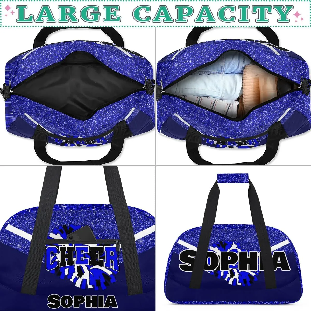 Personalized Cheer Bag Gym Bag Customized Cheerleader Sport Duffel Bag with Name, Overnight Weekender Bags for Birthday Cheerleading Gift, Glitter Blue