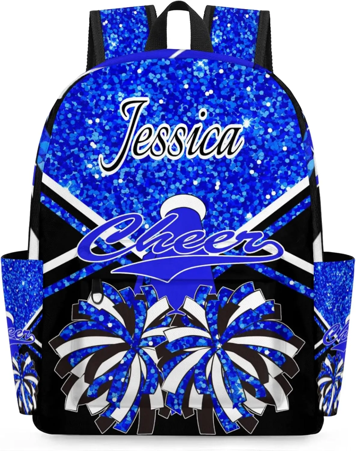Personalized Cheer Bag Name Backpack Bags for Women Men, Custom Large Capacity Waterproof Cheerleading Shoulder Bags, Casual Daypack, Blue Glitter Cheerleader
