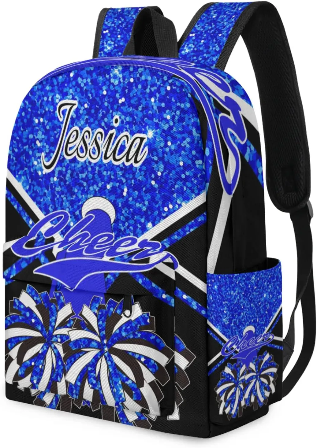 Personalized Cheer Bag Name Backpack Bags for Women Men, Custom Large Capacity Waterproof Cheerleading Shoulder Bags, Casual Daypack, Blue Glitter Cheerleader
