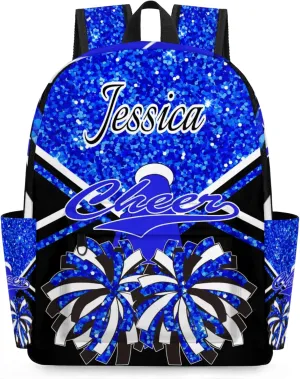 Personalized Cheer Bag Name Backpack Bags for Women Men, Custom Large Capacity Waterproof Cheerleading Shoulder Bags, Casual Daypack, Blue Glitter Cheerleader