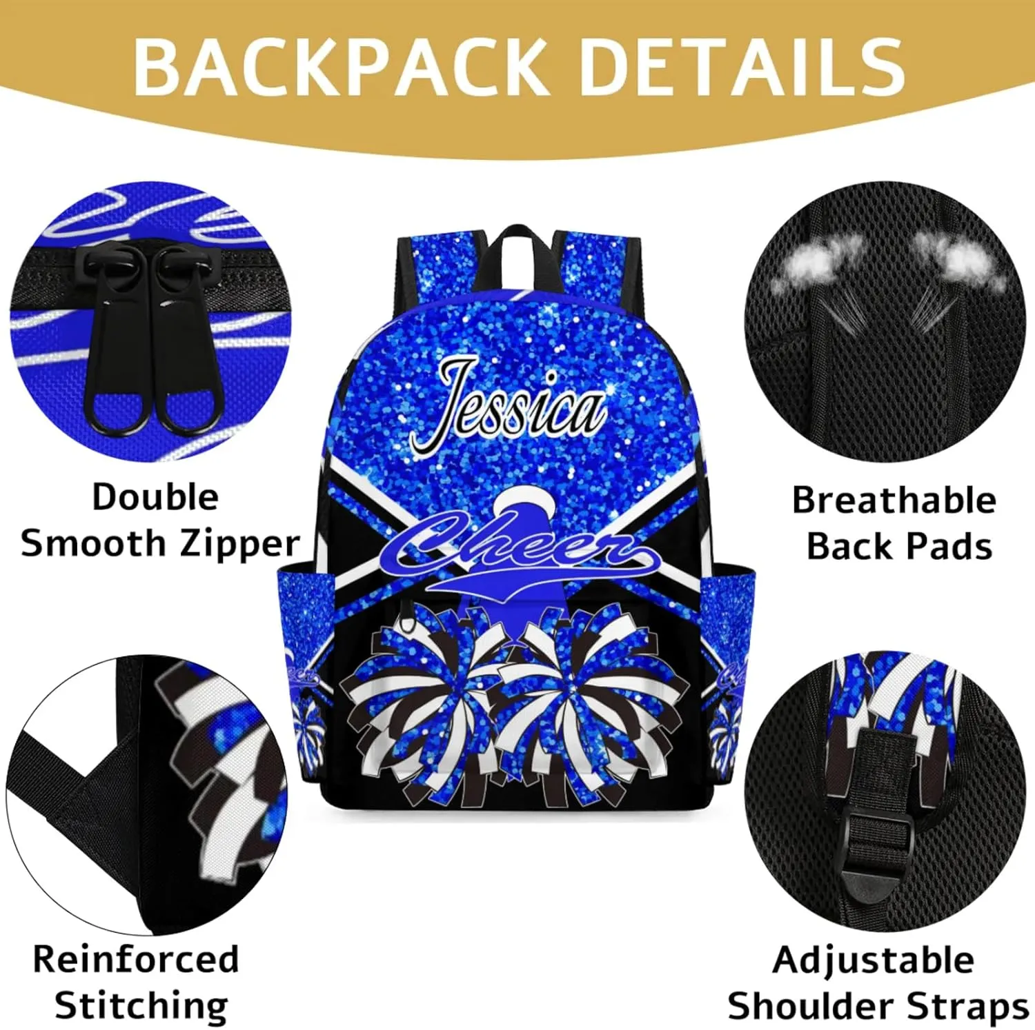 Personalized Cheer Bag Name Backpack Bags for Women Men, Custom Large Capacity Waterproof Cheerleading Shoulder Bags, Casual Daypack, Blue Glitter Cheerleader
