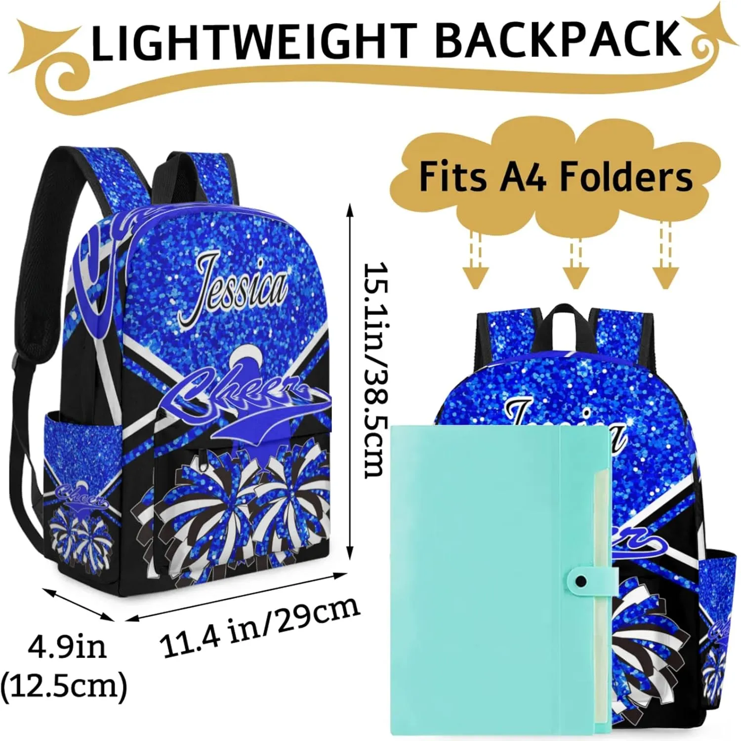 Personalized Cheer Bag Name Backpack Bags for Women Men, Custom Large Capacity Waterproof Cheerleading Shoulder Bags, Casual Daypack, Blue Glitter Cheerleader
