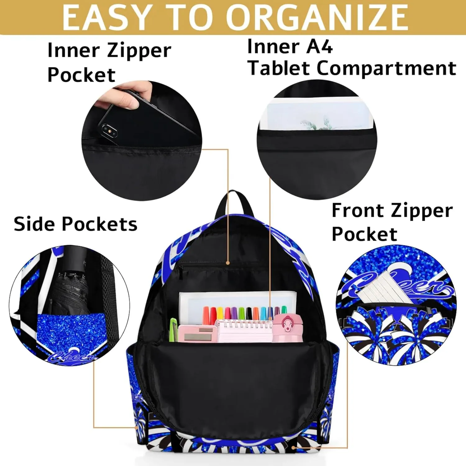 Personalized Cheer Bag Name Backpack Bags for Women Men, Custom Large Capacity Waterproof Cheerleading Shoulder Bags, Casual Daypack, Blue Glitter Cheerleader