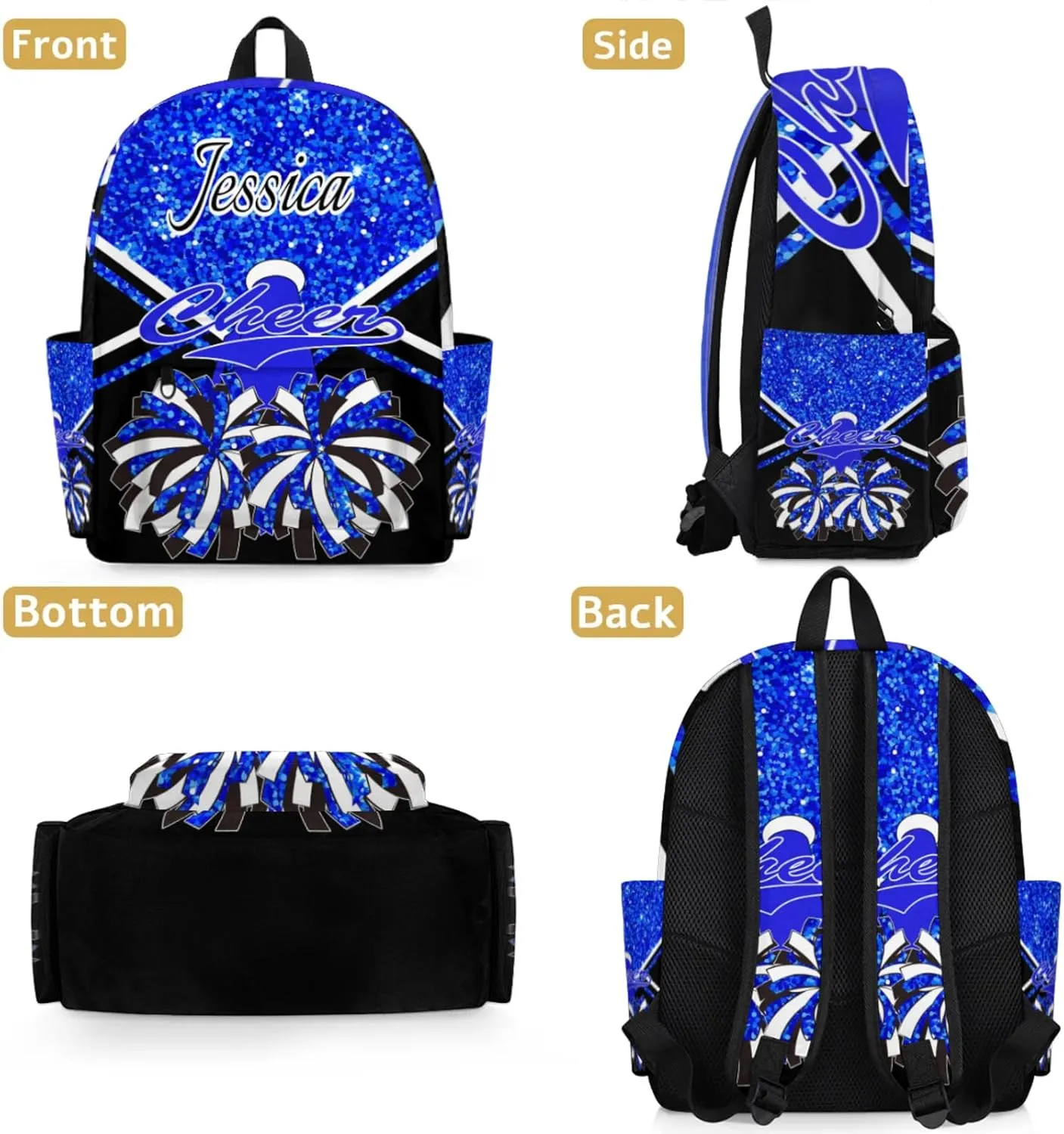 Personalized Cheer Bag Name Backpack Bags for Women Men, Custom Large Capacity Waterproof Cheerleading Shoulder Bags, Casual Daypack, Blue Glitter Cheerleader