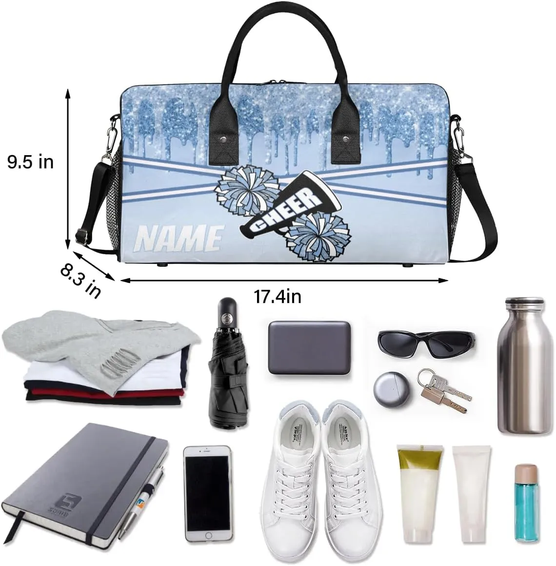 Personalized Cheer Bag Sport Duffel Bag Customize Travel Duffle Bag with Name Overnight Weekender Bags Blue Glitter