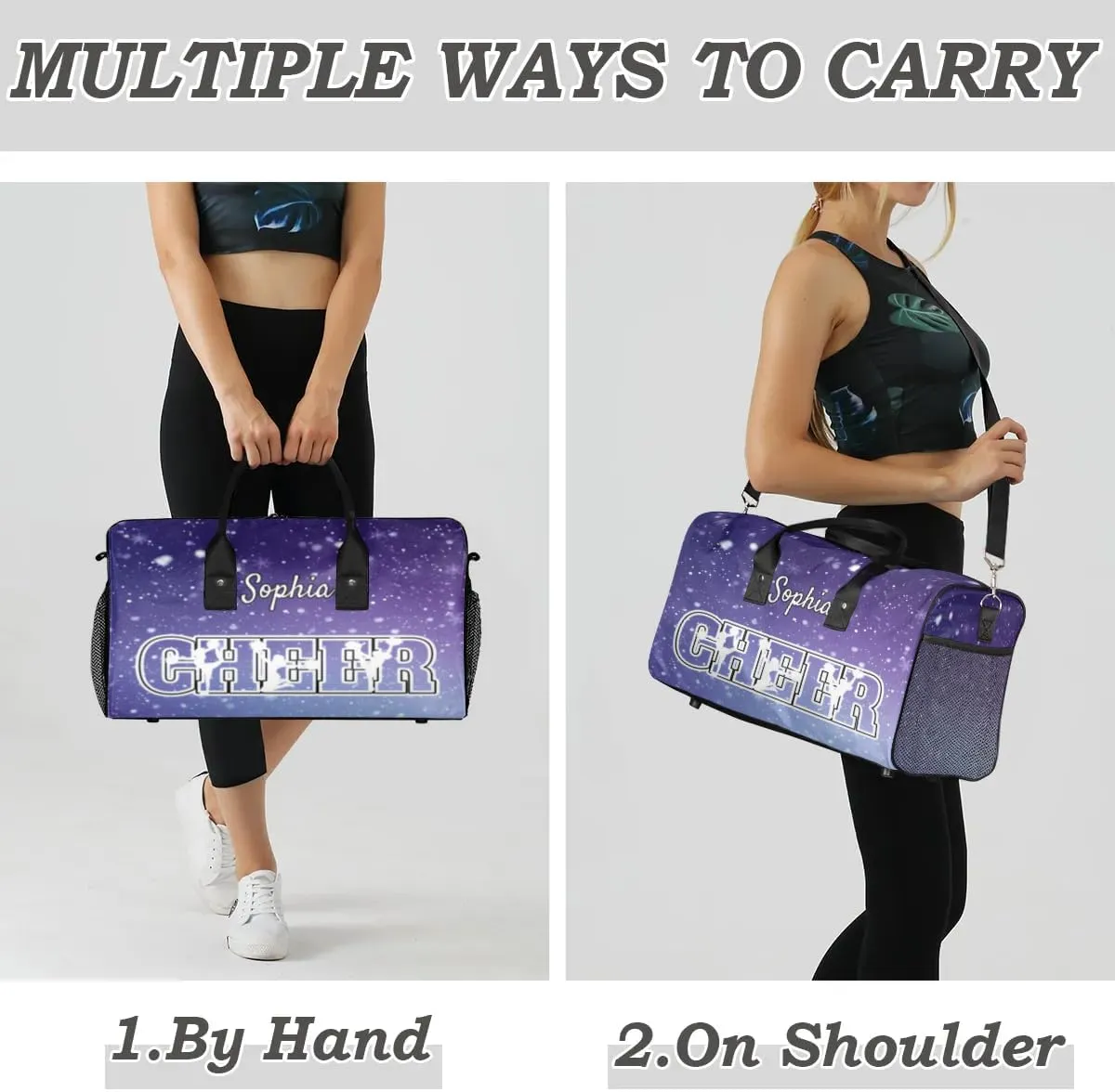 Personalized Cheer Bags for Cheerleaders, Custom Name Sport Duffel Bag Gym Bag Travel Duffle Bag Overnight Weekender Bag Cosmos Space Glitter