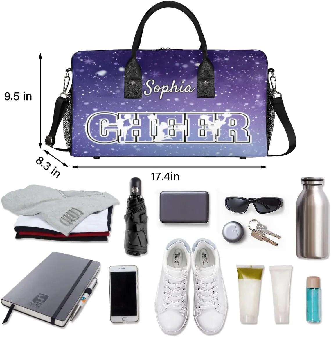 Personalized Cheer Bags for Cheerleaders, Custom Name Sport Duffel Bag Gym Bag Travel Duffle Bag Overnight Weekender Bag Cosmos Space Glitter