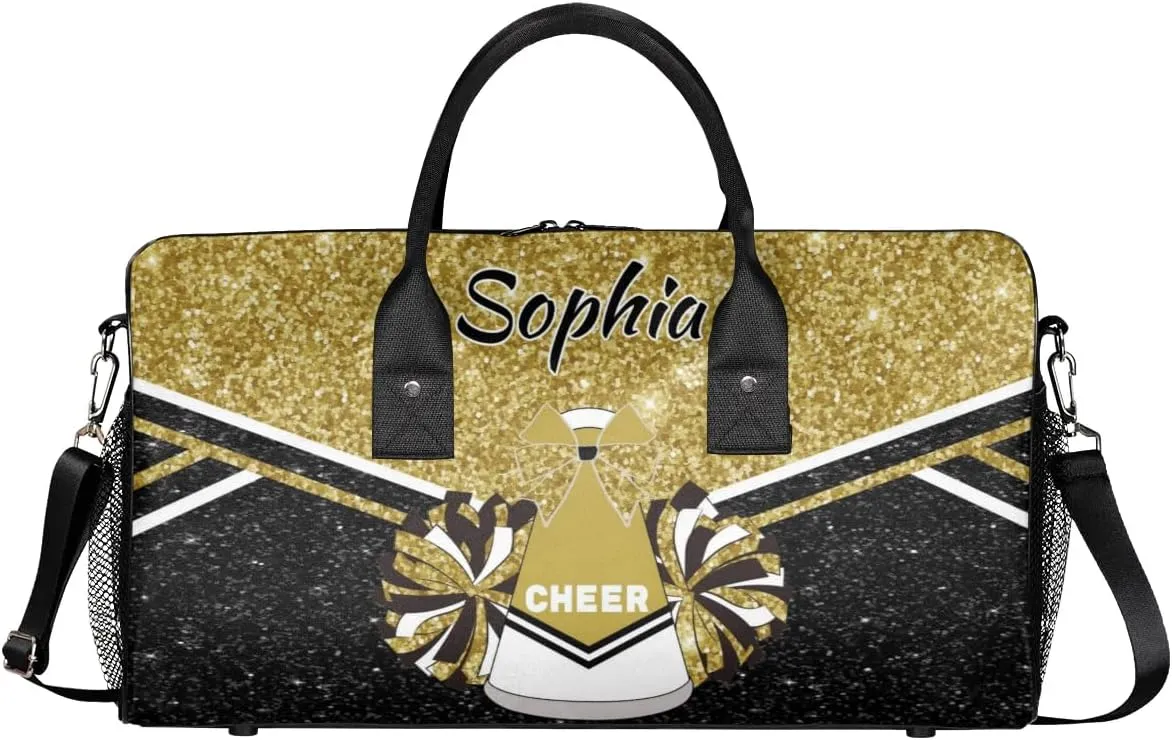 Personalized Cheer Bags for Cheerleaders, Custom Name Sport Duffel Bag Gym Bag Travel Duffle Bag Overnight Weekender Bag, Dark Gold Glitter