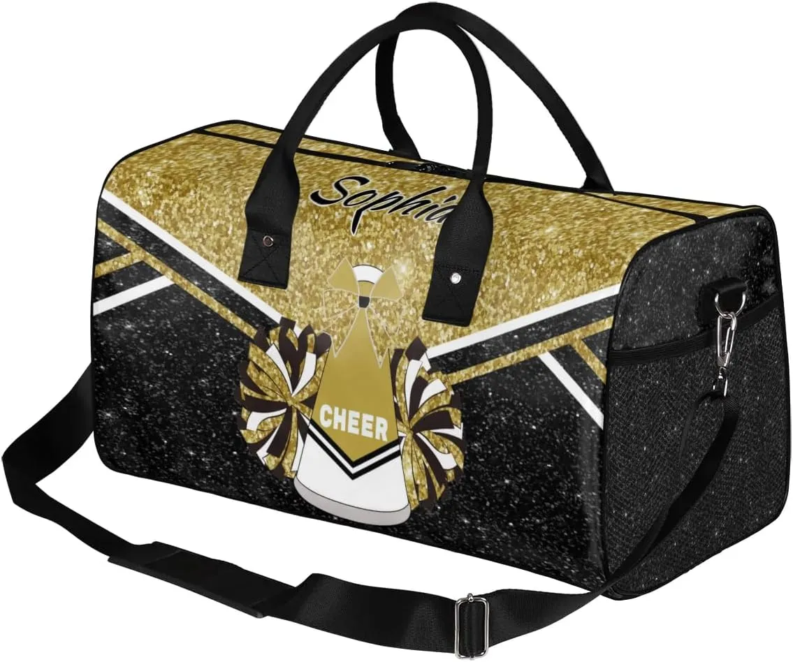 Personalized Cheer Bags for Cheerleaders, Custom Name Sport Duffel Bag Gym Bag Travel Duffle Bag Overnight Weekender Bag, Dark Gold Glitter