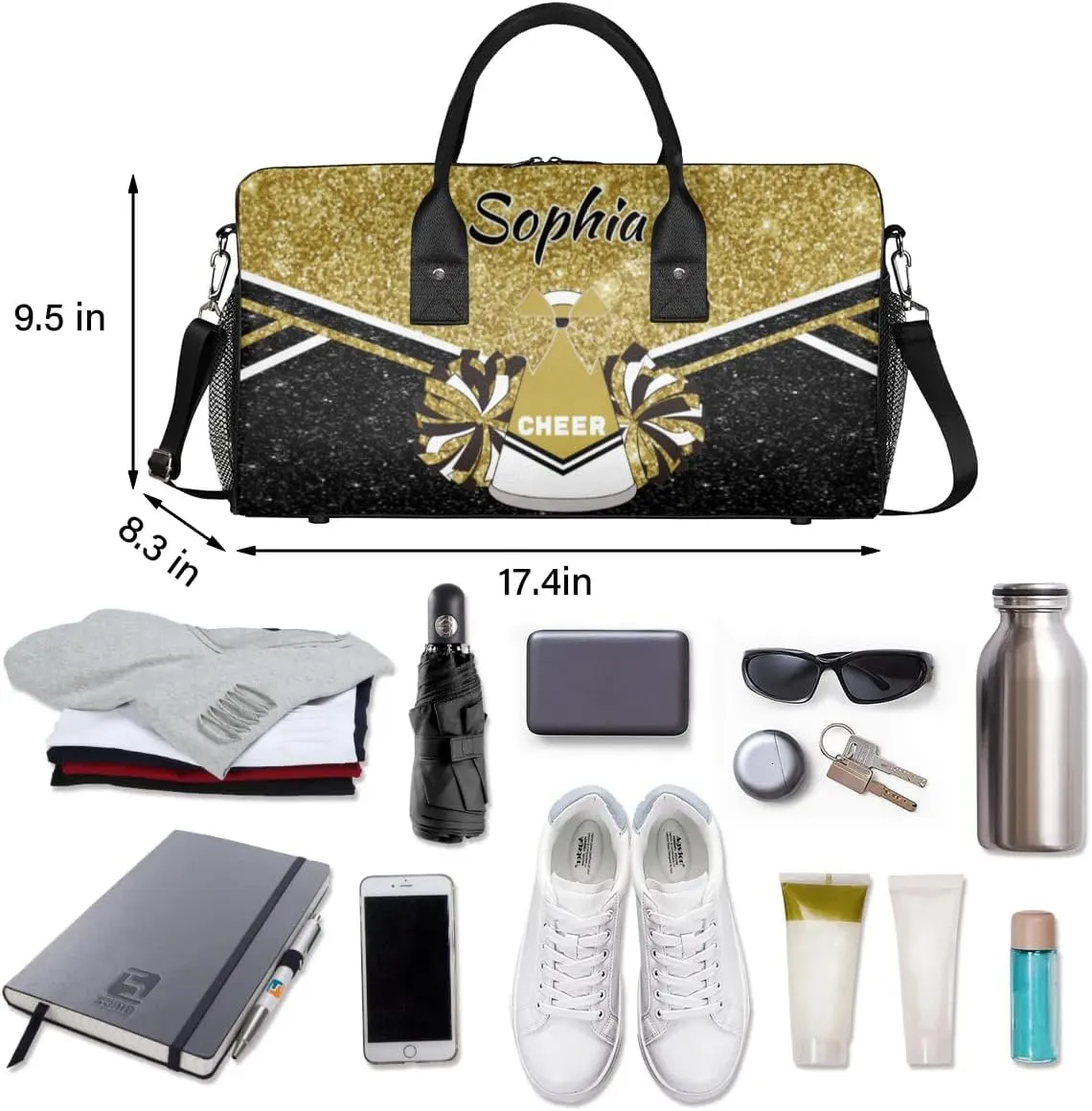 Personalized Cheer Bags for Cheerleaders, Custom Name Sport Duffel Bag Gym Bag Travel Duffle Bag Overnight Weekender Bag, Dark Gold Glitter