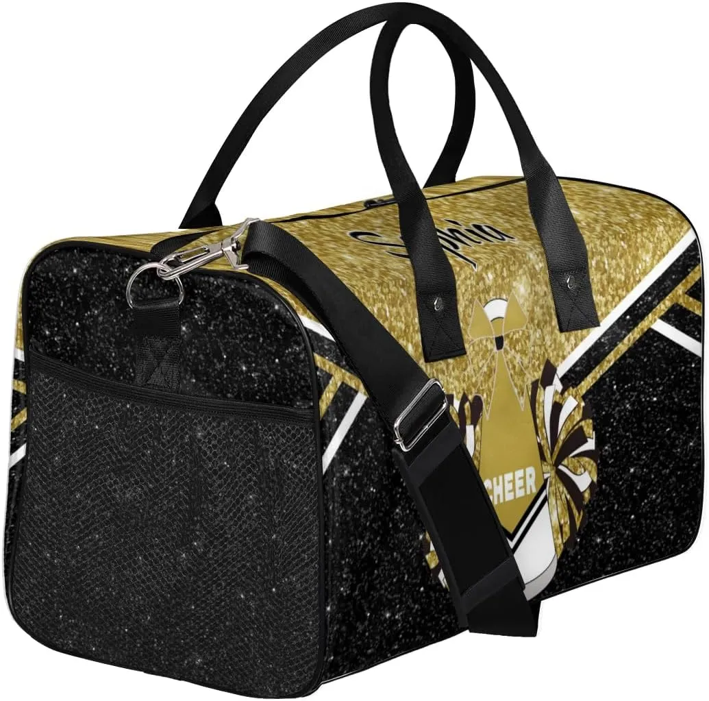 Personalized Cheer Bags for Cheerleaders, Custom Name Sport Duffel Bag Gym Bag Travel Duffle Bag Overnight Weekender Bag, Dark Gold Glitter