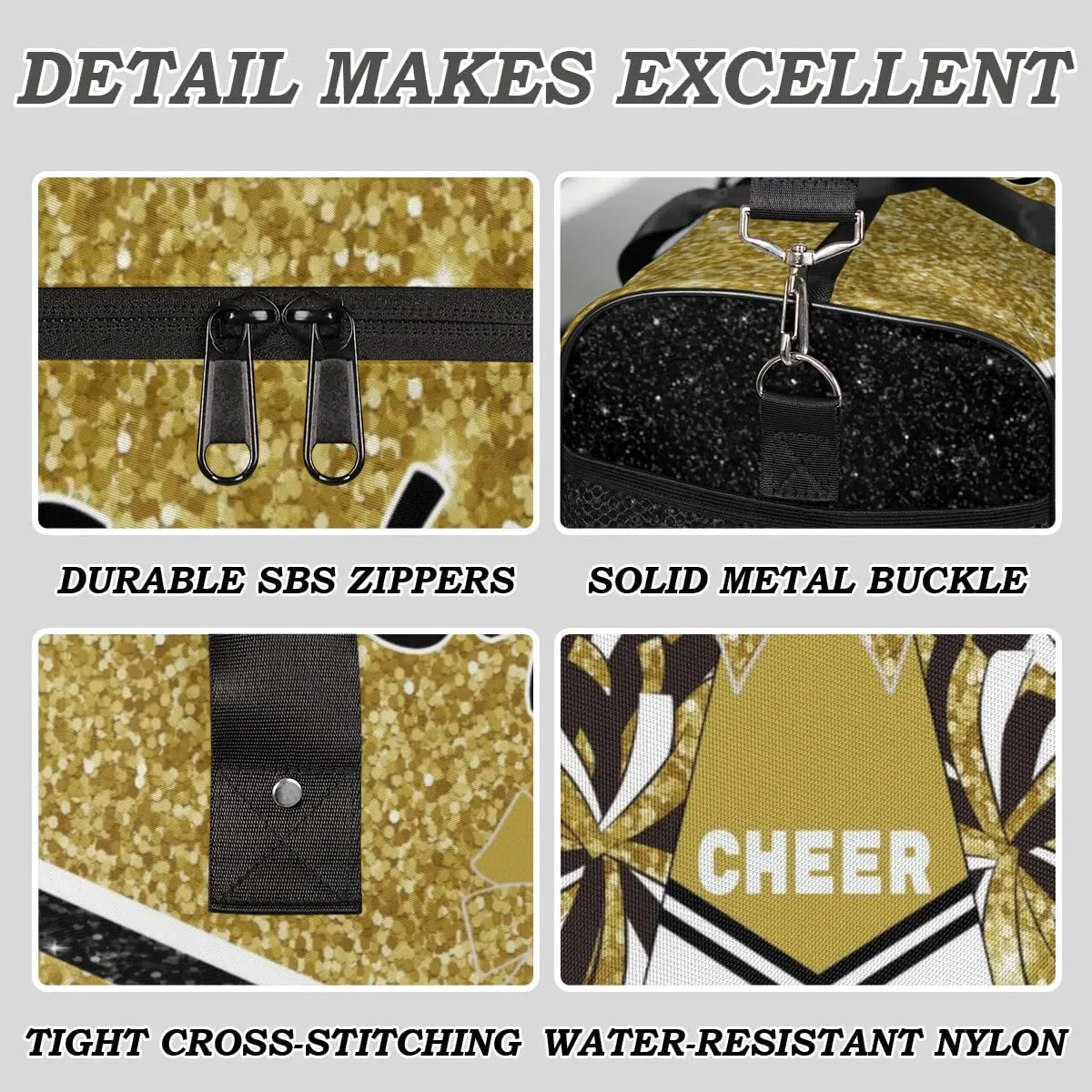 Personalized Cheer Bags for Cheerleaders, Custom Name Sport Duffel Bag Gym Bag Travel Duffle Bag Overnight Weekender Bag, Dark Gold Glitter