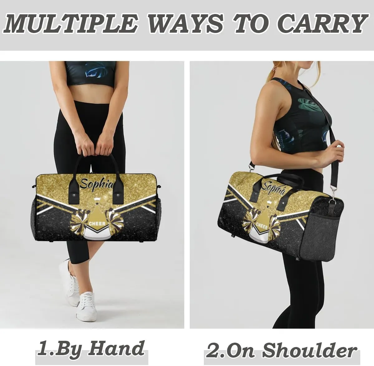 Personalized Cheer Bags for Cheerleaders, Custom Name Sport Duffel Bag Gym Bag Travel Duffle Bag Overnight Weekender Bag, Dark Gold Glitter