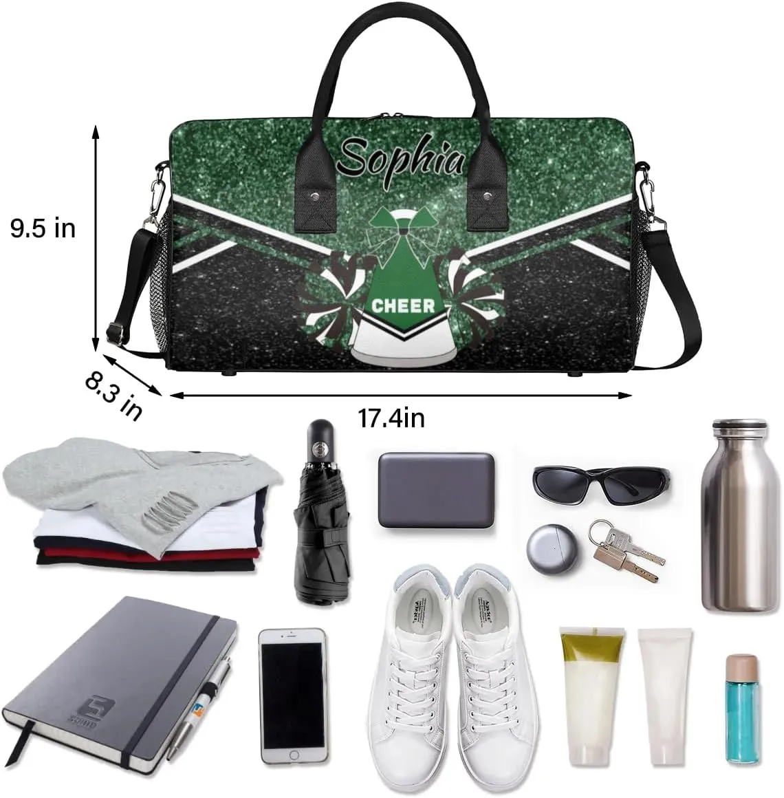 Personalized Cheer Bags for Cheerleaders, Custom Name Sport Duffel Bag Gym Bag Travel Duffle Bag Overnight Weekender Bag, Dark Green Glitter
