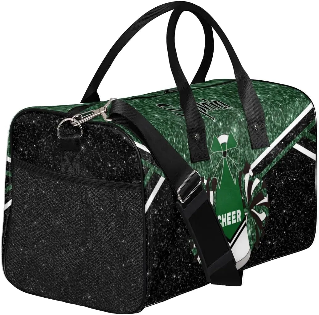 Personalized Cheer Bags for Cheerleaders, Custom Name Sport Duffel Bag Gym Bag Travel Duffle Bag Overnight Weekender Bag, Dark Green Glitter