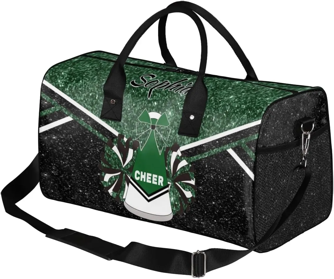 Personalized Cheer Bags for Cheerleaders, Custom Name Sport Duffel Bag Gym Bag Travel Duffle Bag Overnight Weekender Bag, Dark Green Glitter