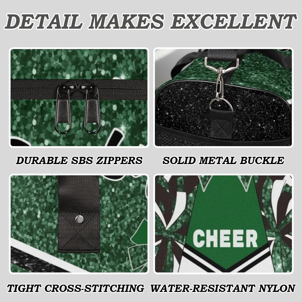 Personalized Cheer Bags for Cheerleaders, Custom Name Sport Duffel Bag Gym Bag Travel Duffle Bag Overnight Weekender Bag, Dark Green Glitter