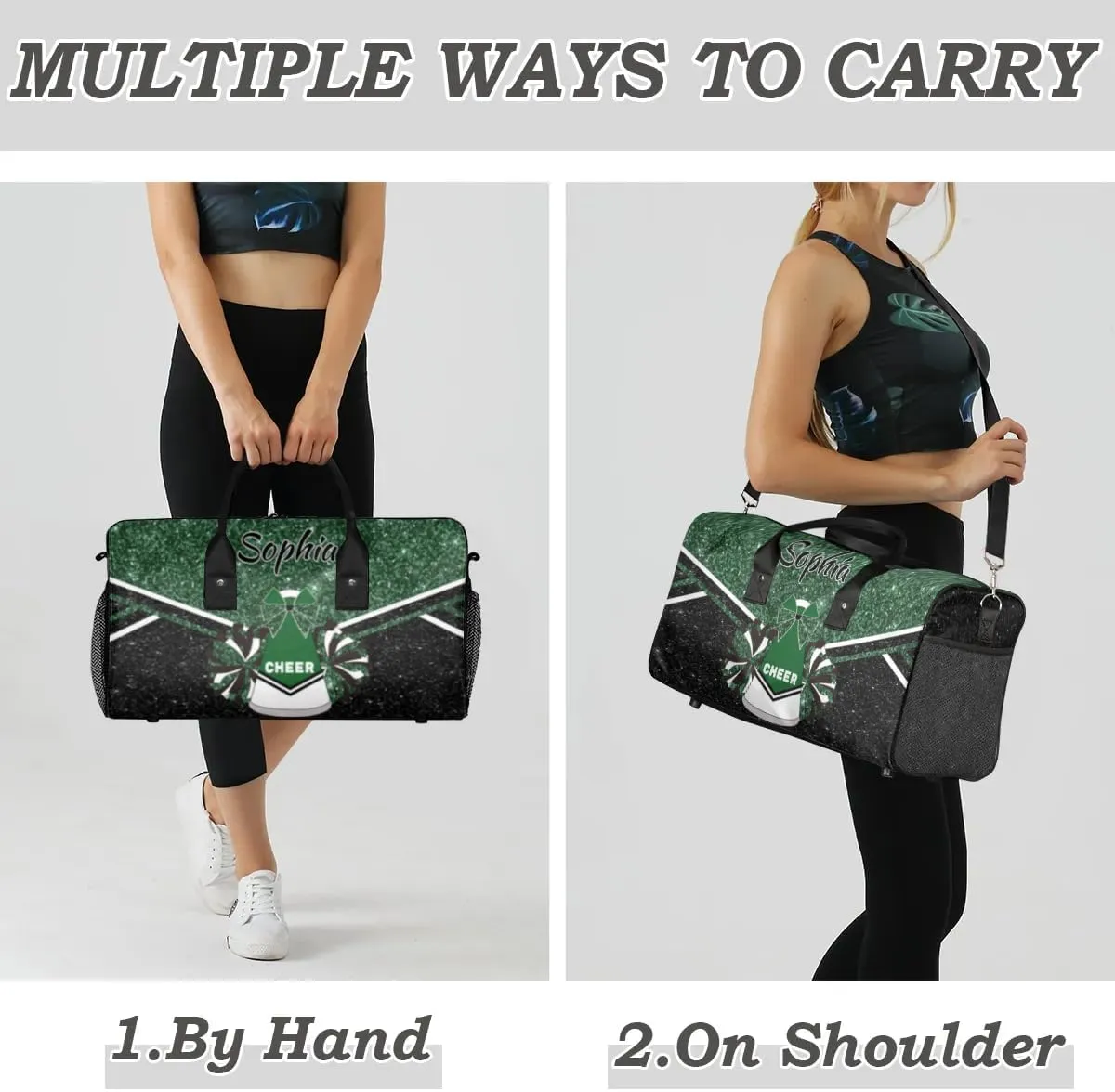 Personalized Cheer Bags for Cheerleaders, Custom Name Sport Duffel Bag Gym Bag Travel Duffle Bag Overnight Weekender Bag, Dark Green Glitter