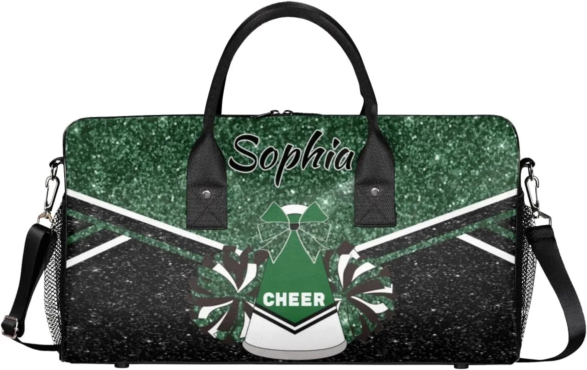 Personalized Cheer Bags for Cheerleaders, Custom Name Sport Duffel Bag Gym Bag Travel Duffle Bag Overnight Weekender Bag, Dark Green Glitter