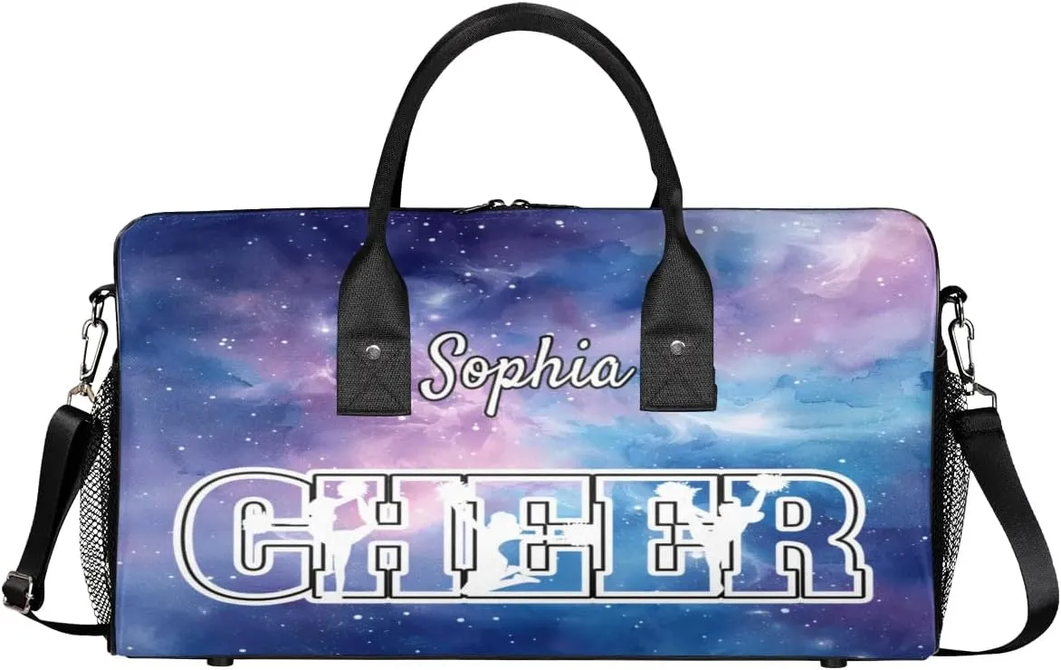 Personalized Cheer Bags for Cheerleaders, Custom Name Sport Duffel Bag Gym Bag Travel Duffle Bag Overnight Weekender Bag Purple Glitter