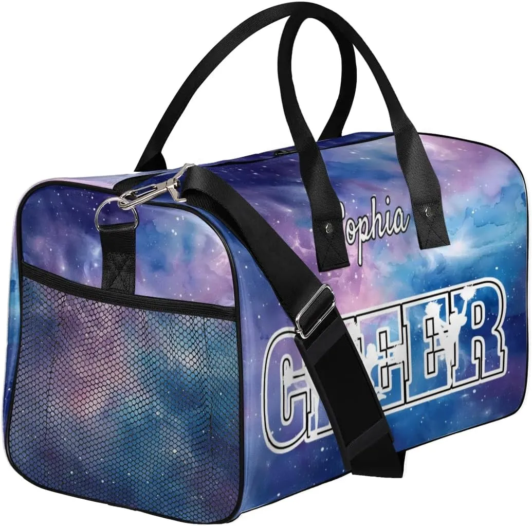 Personalized Cheer Bags for Cheerleaders, Custom Name Sport Duffel Bag Gym Bag Travel Duffle Bag Overnight Weekender Bag Purple Glitter