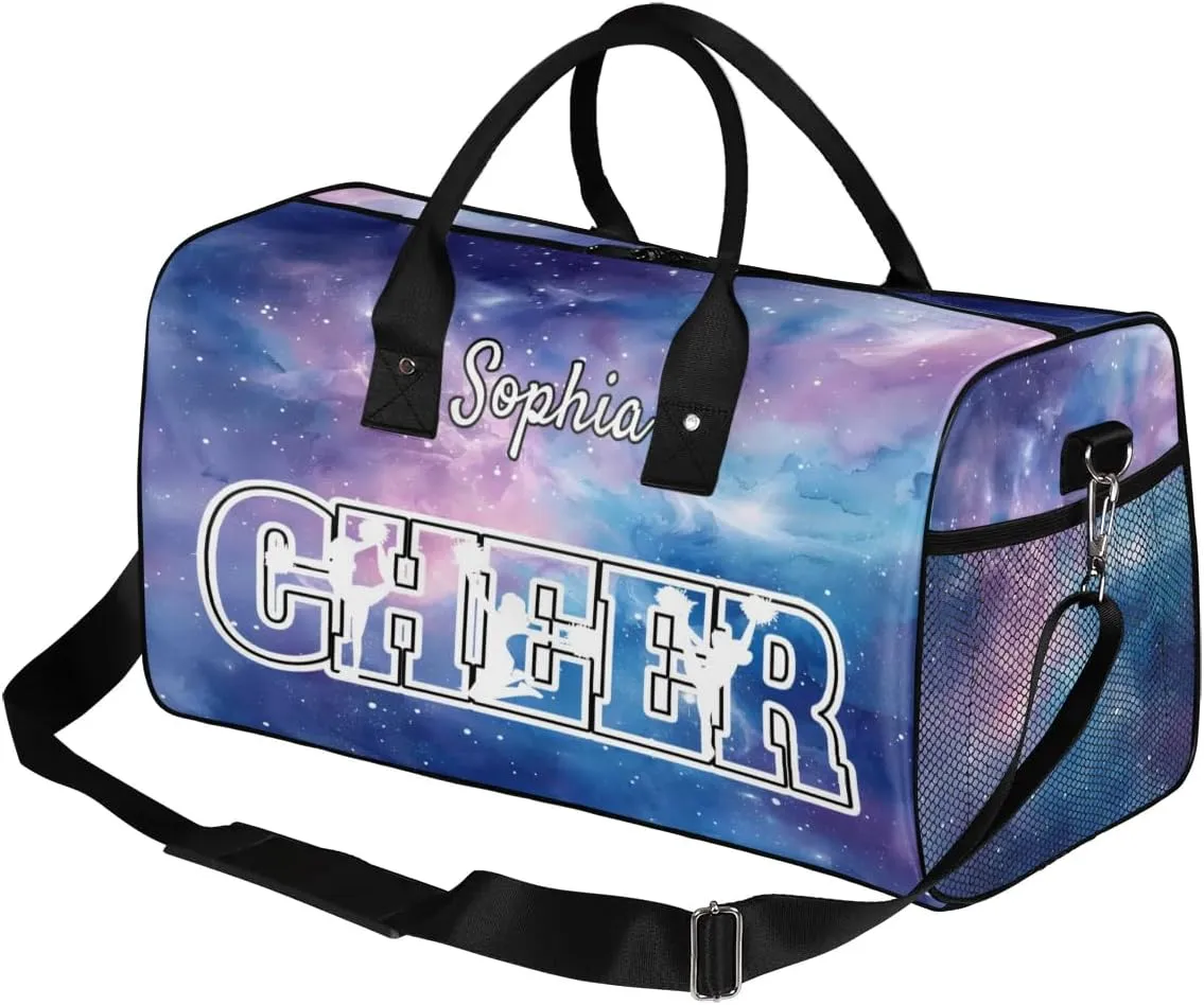Personalized Cheer Bags for Cheerleaders, Custom Name Sport Duffel Bag Gym Bag Travel Duffle Bag Overnight Weekender Bag Purple Glitter