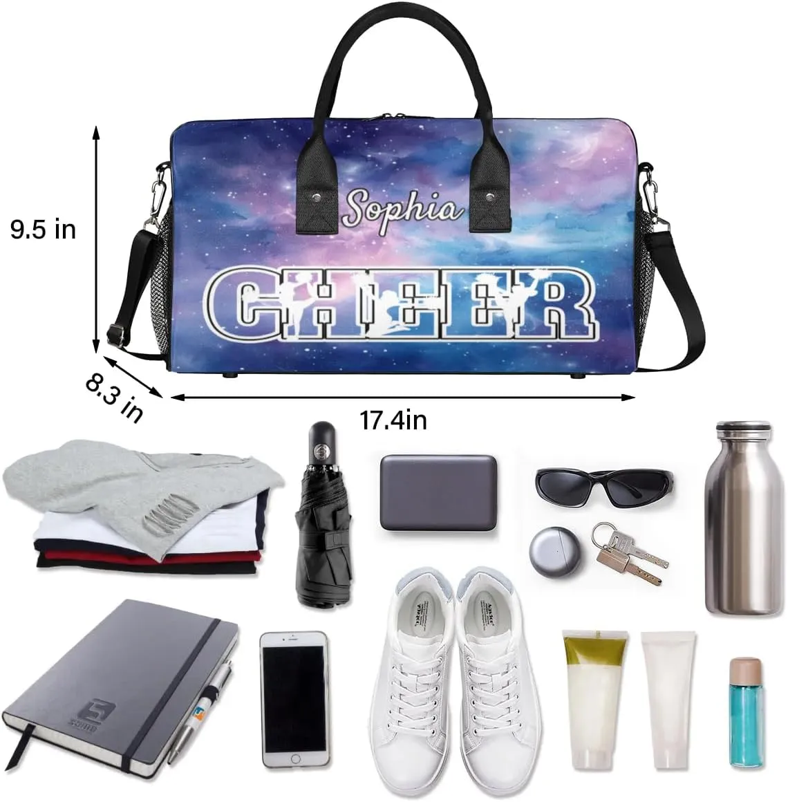 Personalized Cheer Bags for Cheerleaders, Custom Name Sport Duffel Bag Gym Bag Travel Duffle Bag Overnight Weekender Bag Purple Glitter