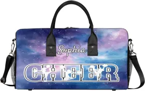 Personalized Cheer Bags for Cheerleaders, Custom Name Sport Duffel Bag Gym Bag Travel Duffle Bag Overnight Weekender Bag Purple Glitter