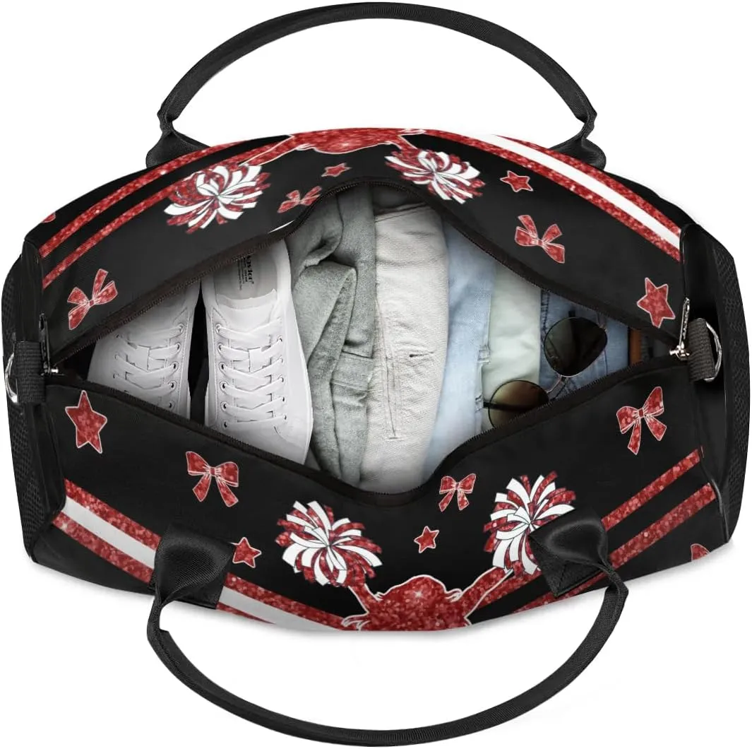 Personalized Cheer Bags for Cheerleaders, Custom Name Sport Duffel Bag Gym Bag Travel Duffle Bag, Overnight Weekender Bags, Deep Red Glitter Print Bag