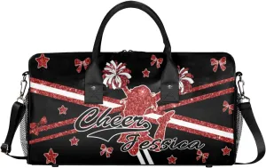 Personalized Cheer Bags for Cheerleaders, Custom Name Sport Duffel Bag Gym Bag Travel Duffle Bag, Overnight Weekender Bags, Deep Red Glitter Print Bag