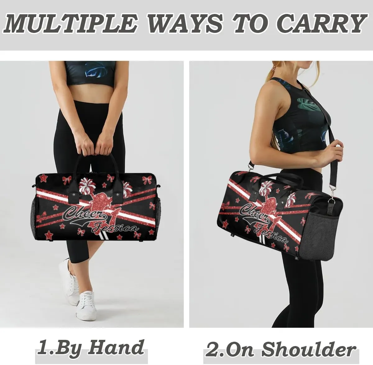 Personalized Cheer Bags for Cheerleaders, Custom Name Sport Duffel Bag Gym Bag Travel Duffle Bag, Overnight Weekender Bags, Deep Red Glitter Print Bag