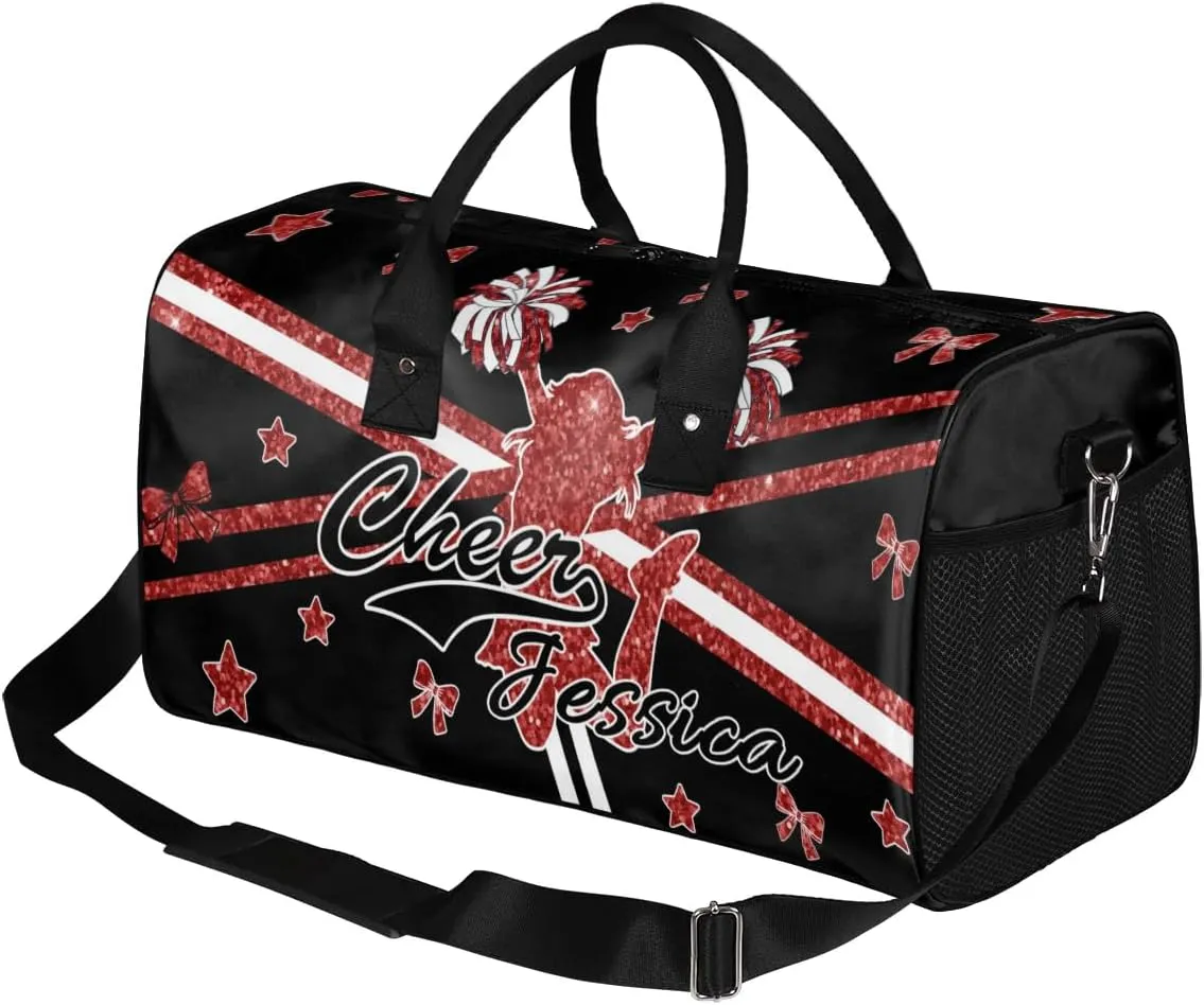 Personalized Cheer Bags for Cheerleaders, Custom Name Sport Duffel Bag Gym Bag Travel Duffle Bag, Overnight Weekender Bags, Deep Red Glitter Print Bag