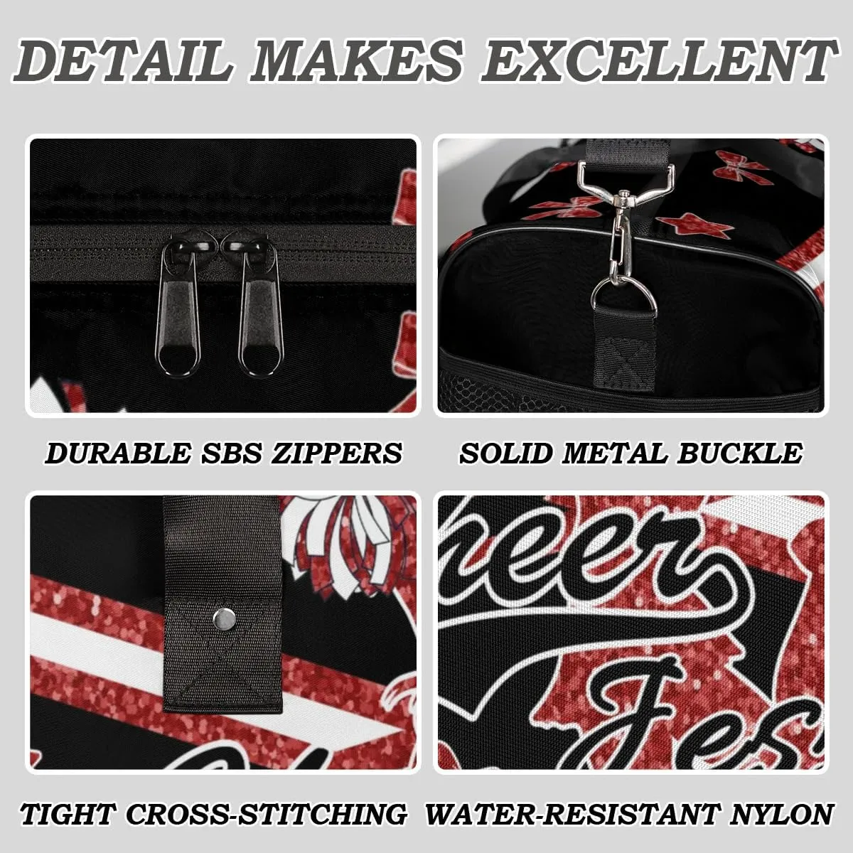 Personalized Cheer Bags for Cheerleaders, Custom Name Sport Duffel Bag Gym Bag Travel Duffle Bag, Overnight Weekender Bags, Deep Red Glitter Print Bag