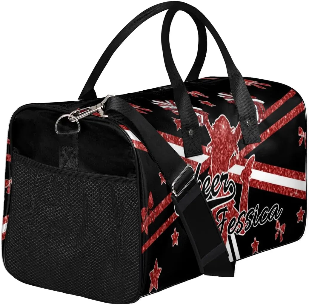 Personalized Cheer Bags for Cheerleaders, Custom Name Sport Duffel Bag Gym Bag Travel Duffle Bag, Overnight Weekender Bags, Deep Red Glitter Print Bag