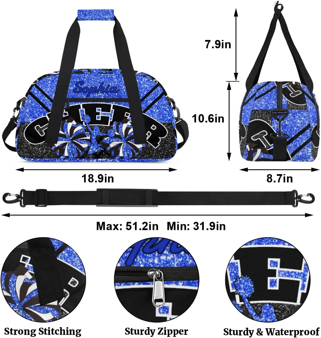 Personalized Cheer Duffel Bag - Custom Cheerleader Bag with Name for Sport Events, Dance, Gym, Overnight, Weekender, Carry-on - Glitter Blue