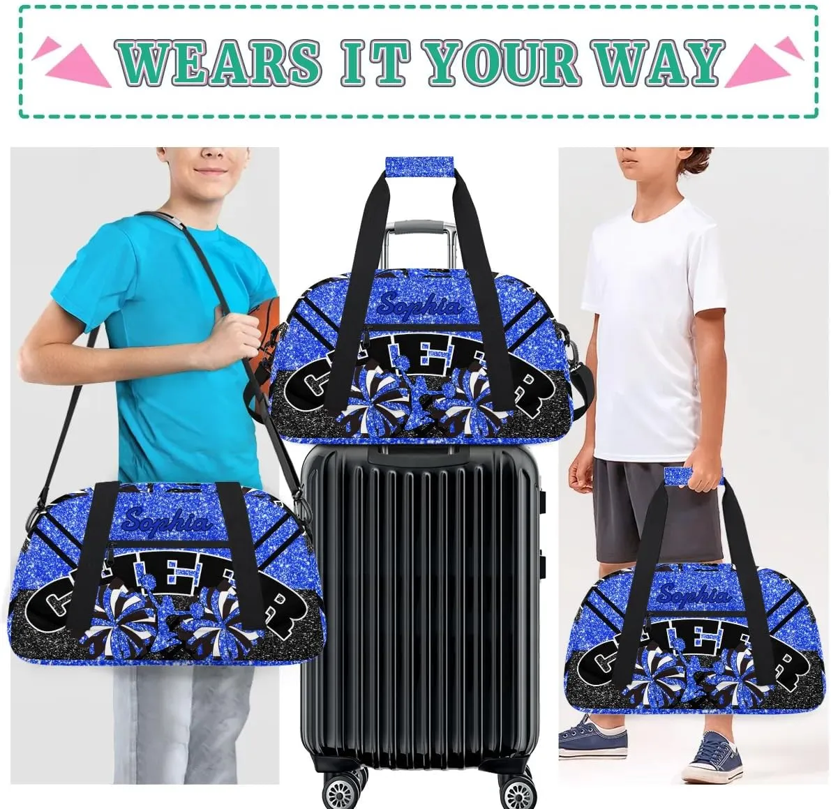 Personalized Cheer Duffel Bag - Custom Cheerleader Bag with Name for Sport Events, Dance, Gym, Overnight, Weekender, Carry-on - Glitter Blue