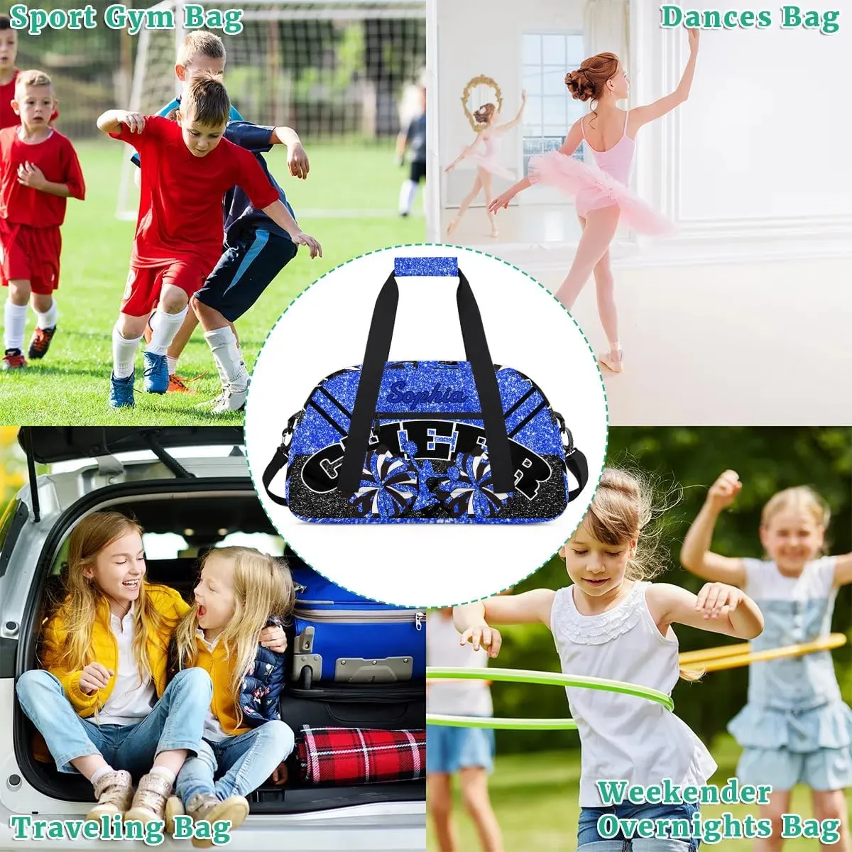Personalized Cheer Duffel Bag - Custom Cheerleader Bag with Name for Sport Events, Dance, Gym, Overnight, Weekender, Carry-on - Glitter Blue