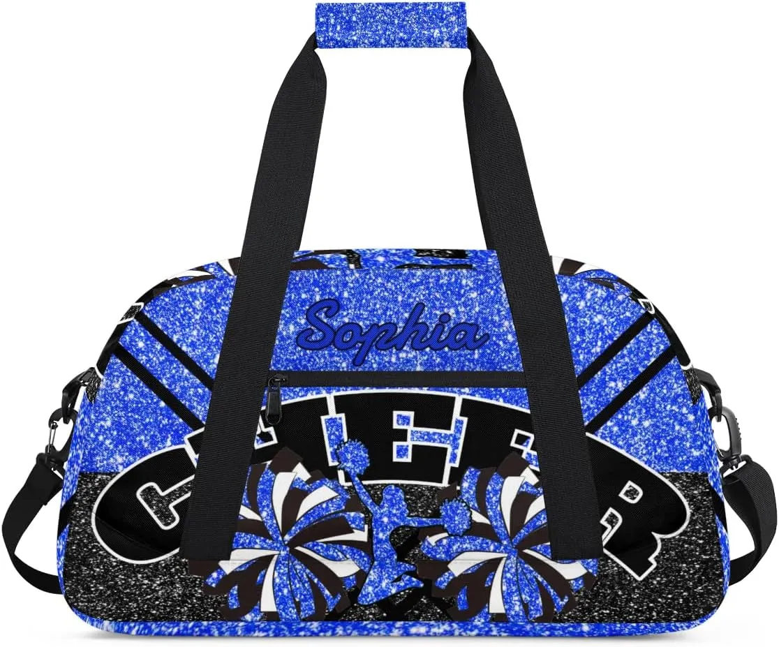 Personalized Cheer Duffel Bag - Custom Cheerleader Bag with Name for Sport Events, Dance, Gym, Overnight, Weekender, Carry-on - Glitter Blue