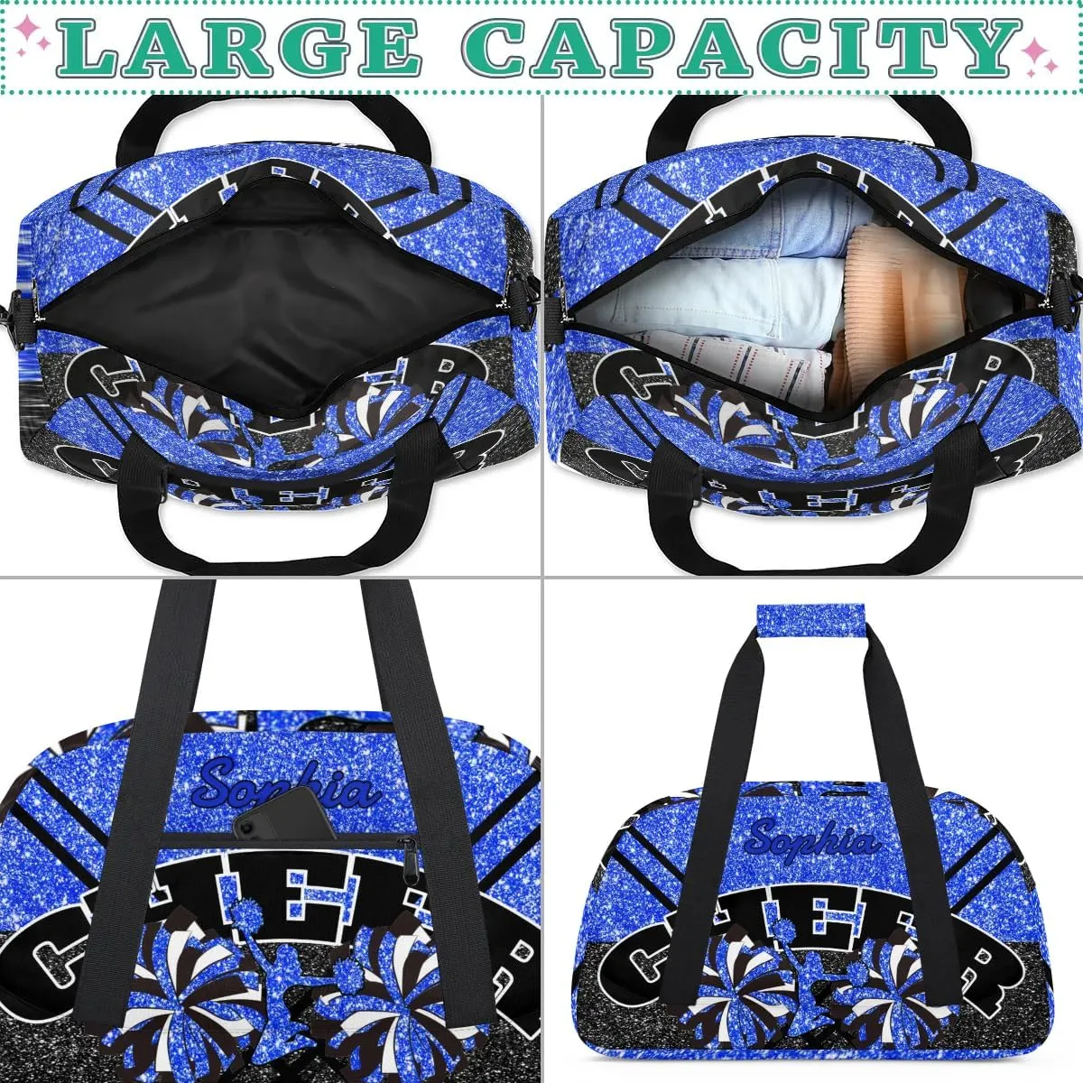 Personalized Cheer Duffel Bag - Custom Cheerleader Bag with Name for Sport Events, Dance, Gym, Overnight, Weekender, Carry-on - Glitter Blue