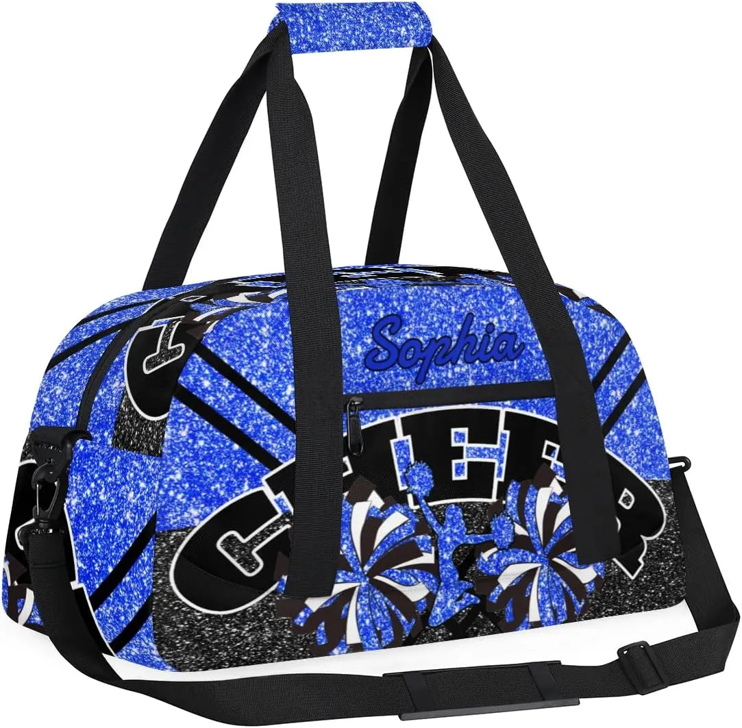 Personalized Cheer Duffel Bag - Custom Cheerleader Bag with Name for Sport Events, Dance, Gym, Overnight, Weekender, Carry-on - Glitter Blue