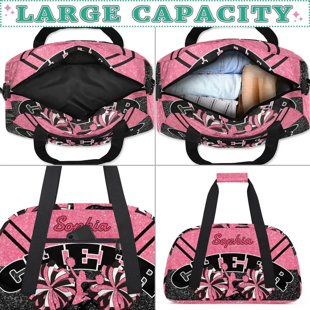 Personalized Cheer Duffel Bag - Custom Cheerleader Bag with Name for Sport Events, Dance, Gym, Overnight, Weekender, Carry-on - Pink Red Glitter