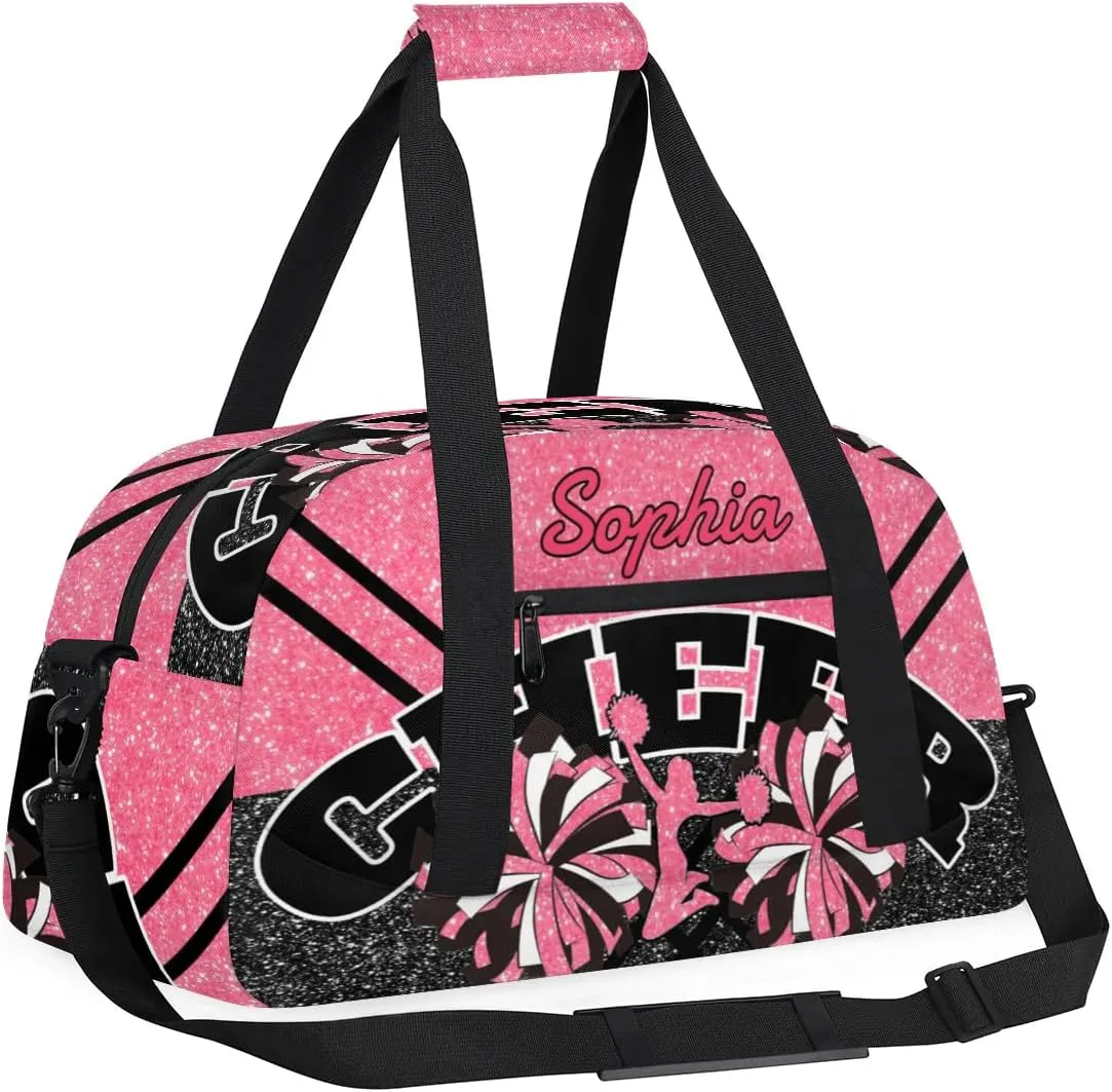 Personalized Cheer Duffel Bag - Custom Cheerleader Bag with Name for Sport Events, Dance, Gym, Overnight, Weekender, Carry-on - Pink Red Glitter