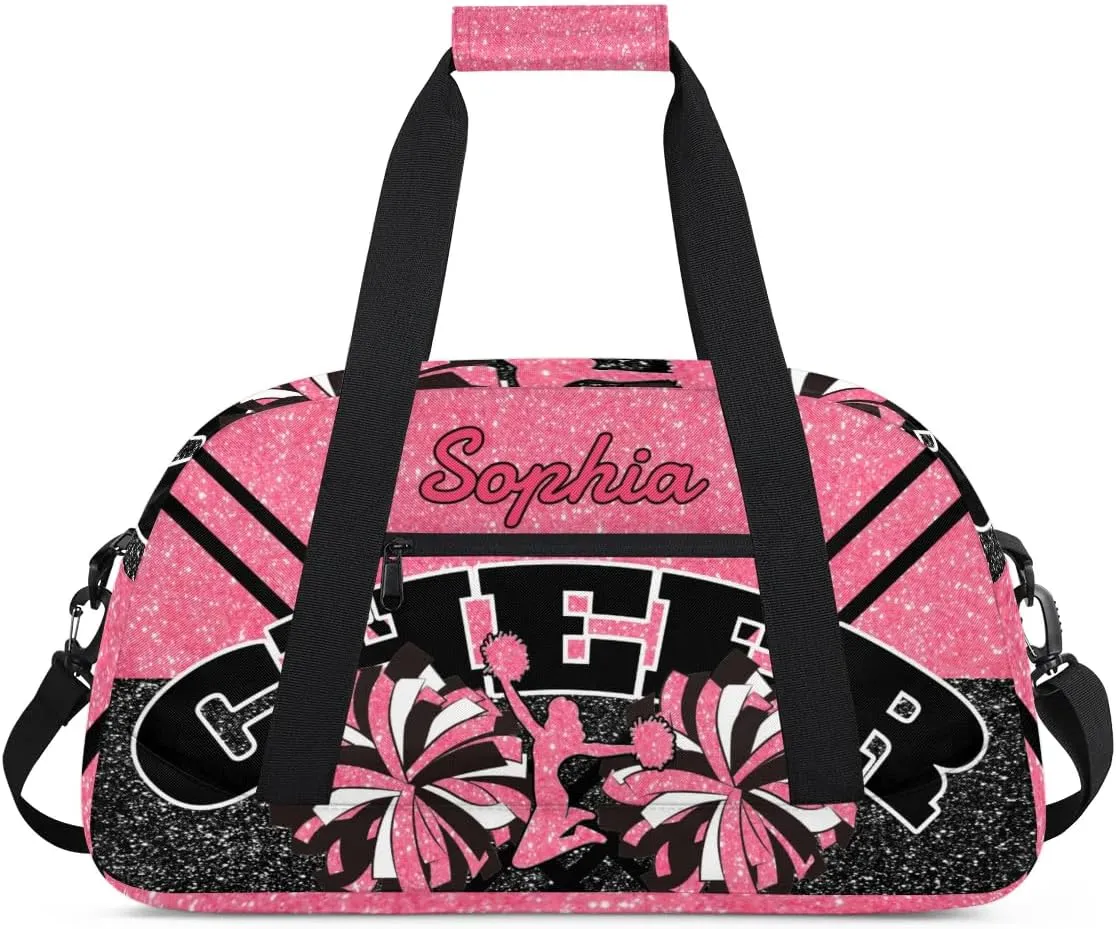 Personalized Cheer Duffel Bag - Custom Cheerleader Bag with Name for Sport Events, Dance, Gym, Overnight, Weekender, Carry-on - Pink Red Glitter
