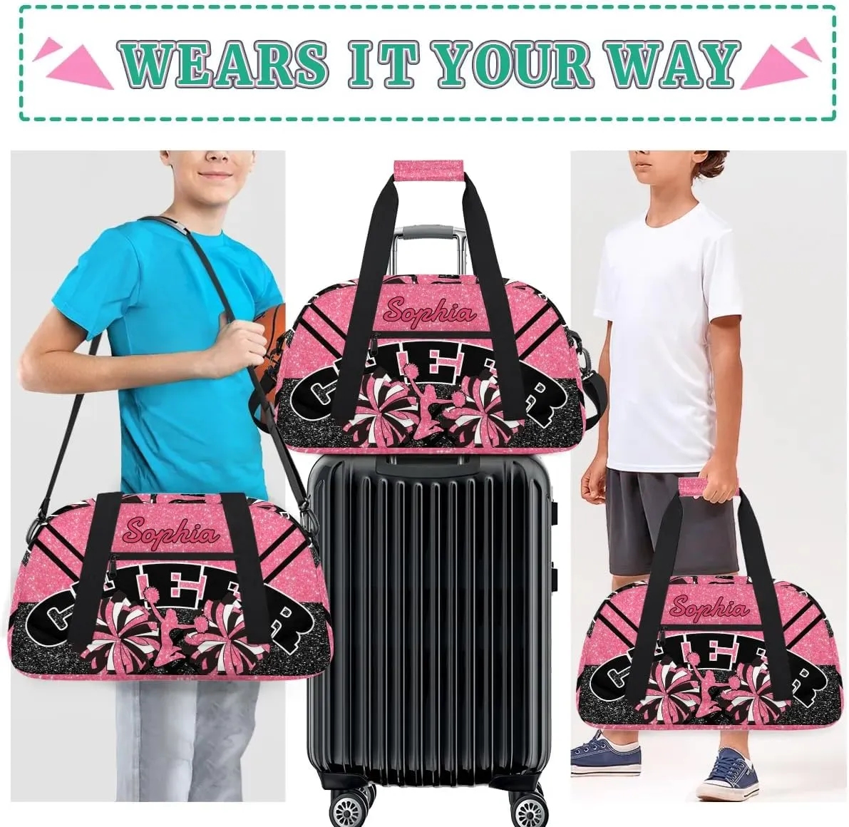 Personalized Cheer Duffel Bag - Custom Cheerleader Bag with Name for Sport Events, Dance, Gym, Overnight, Weekender, Carry-on - Pink Red Glitter