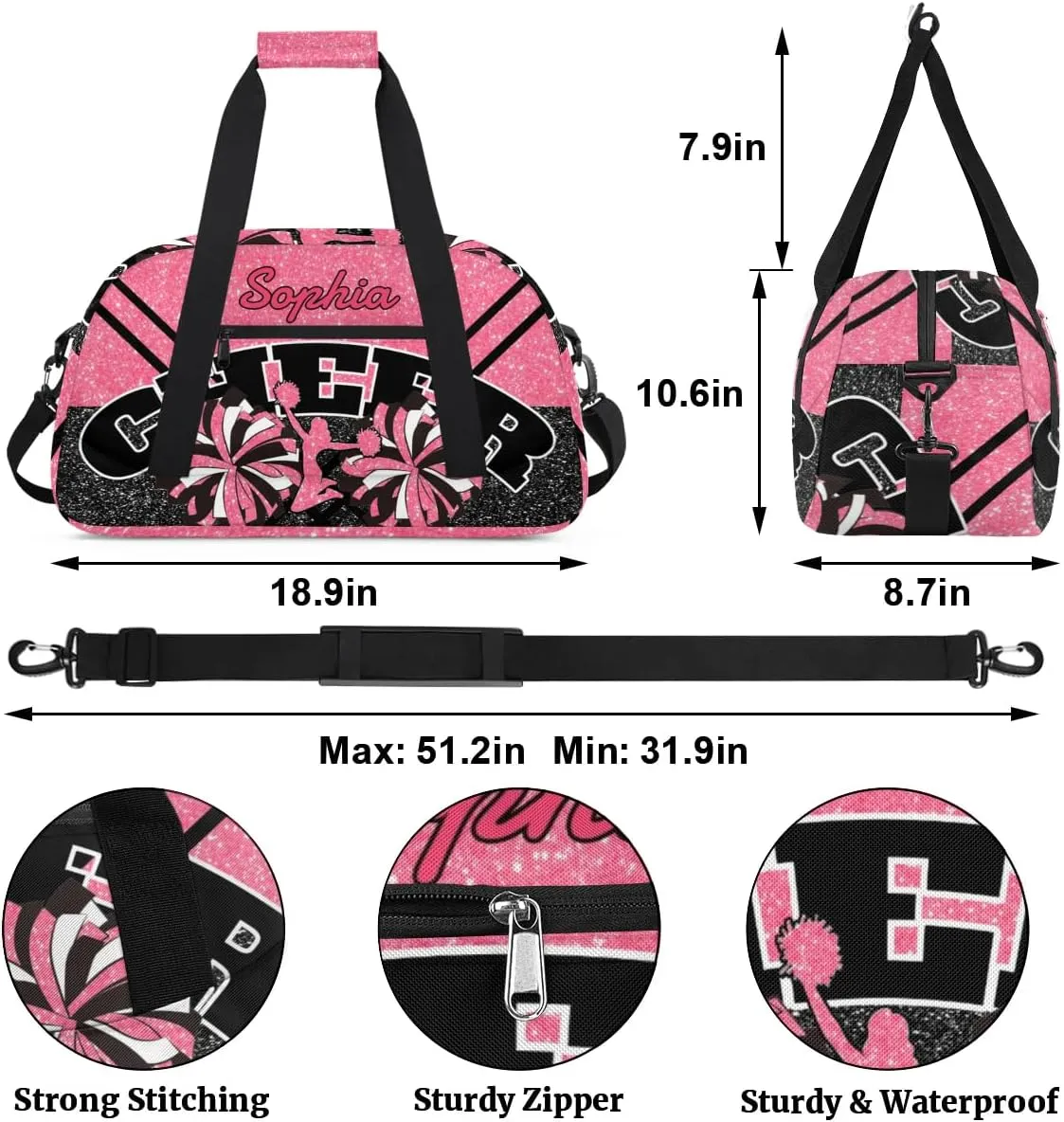 Personalized Cheer Duffel Bag - Custom Cheerleader Bag with Name for Sport Events, Dance, Gym, Overnight, Weekender, Carry-on - Pink Red Glitter