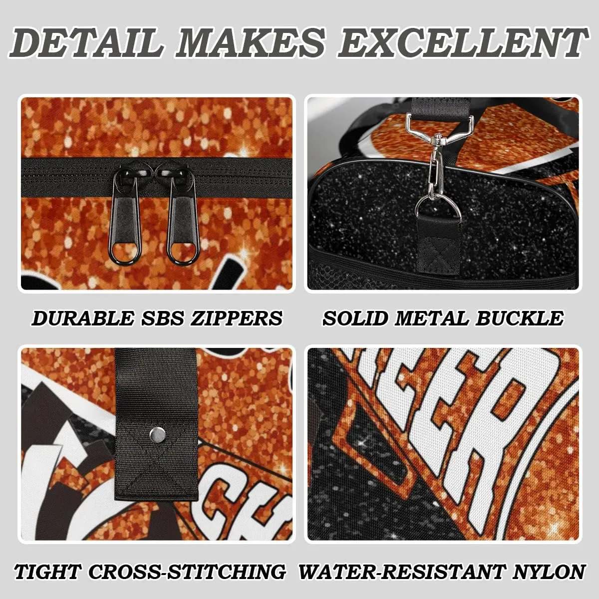 Personalized Cheer Duffel Bag for Cheerleaders, Custom Name Sports Bag for Women Men, Custom Cheerleading Travel Duffle Bags, Weekender Bag Gym Bag, Dark Orange Glitter