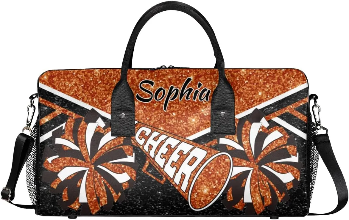 Personalized Cheer Duffel Bag for Cheerleaders, Custom Name Sports Bag for Women Men, Custom Cheerleading Travel Duffle Bags, Weekender Bag Gym Bag, Dark Orange Glitter
