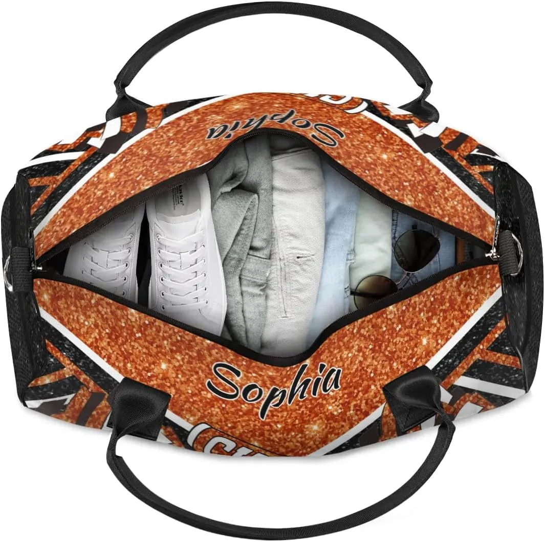 Personalized Cheer Duffel Bag for Cheerleaders, Custom Name Sports Bag for Women Men, Custom Cheerleading Travel Duffle Bags, Weekender Bag Gym Bag, Dark Orange Glitter
