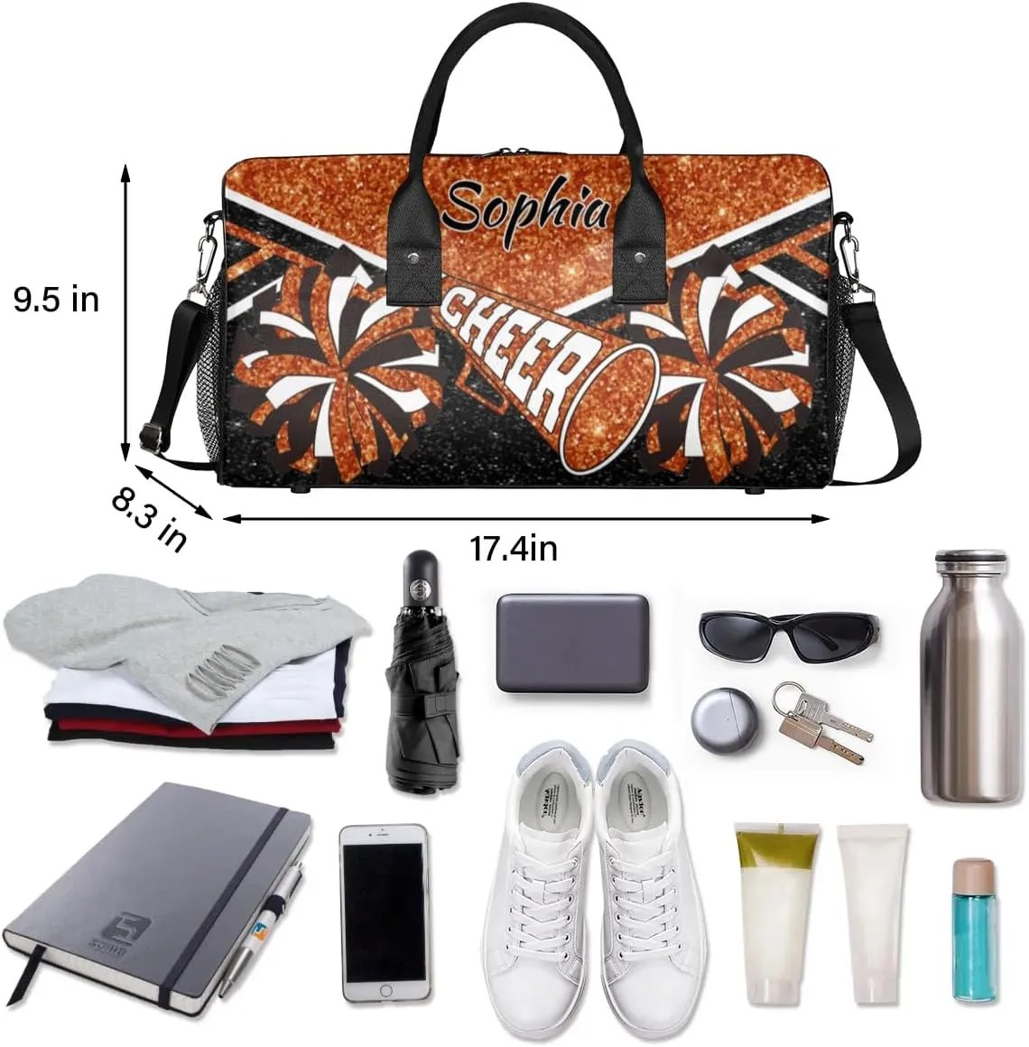 Personalized Cheer Duffel Bag for Cheerleaders, Custom Name Sports Bag for Women Men, Custom Cheerleading Travel Duffle Bags, Weekender Bag Gym Bag, Dark Orange Glitter