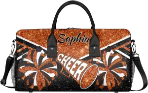 Personalized Cheer Duffel Bag for Cheerleaders, Custom Name Sports Bag for Women Men, Custom Cheerleading Travel Duffle Bags, Weekender Bag Gym Bag, Dark Orange Glitter